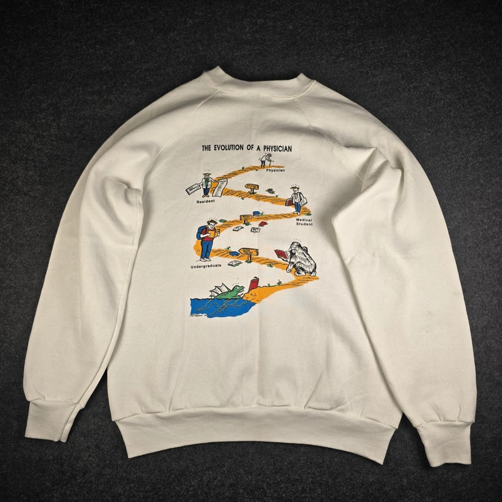 Vintage 90s White Sweatshirt Evolution of a Physician Retro Academic Men's L